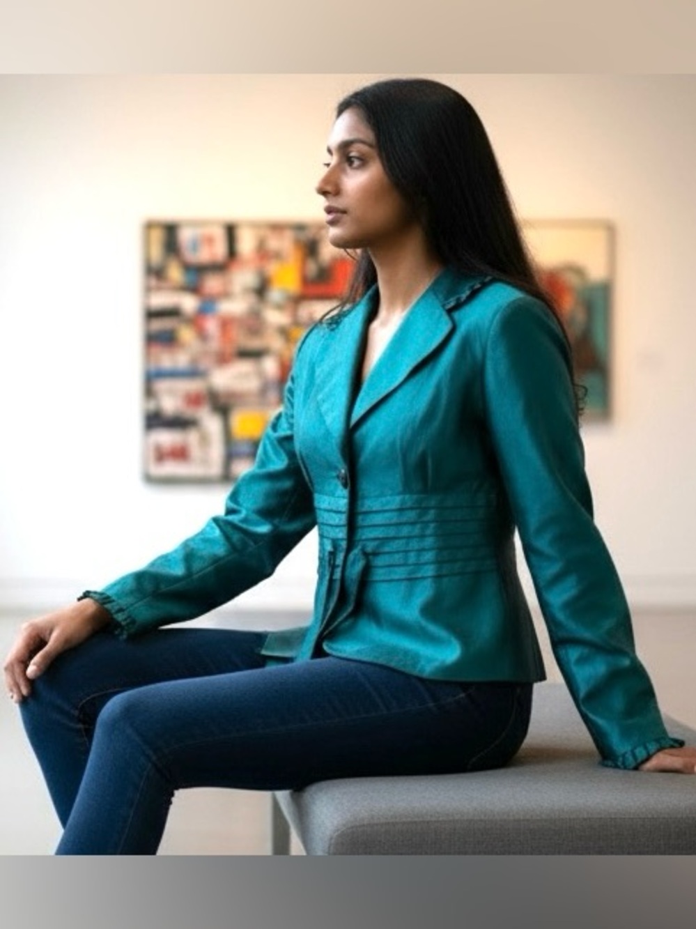 Kay Unger NWT Green Silk Blend Cascade Ruffle Peplum Blazer Cocktail Jacket 12